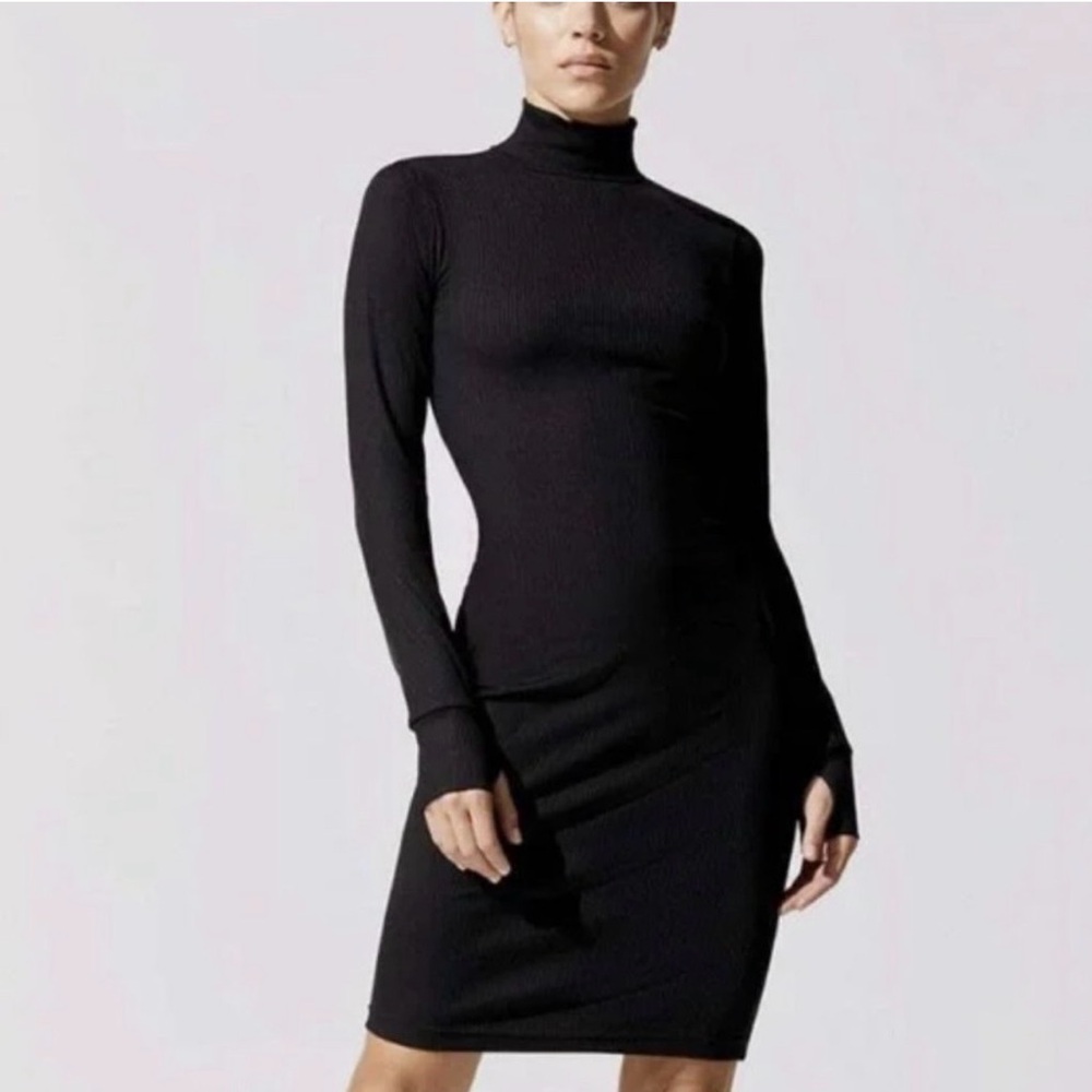 Carbon38 Ribbed Black Long Sleeve Dress. Thumbholes mock turtleneck.